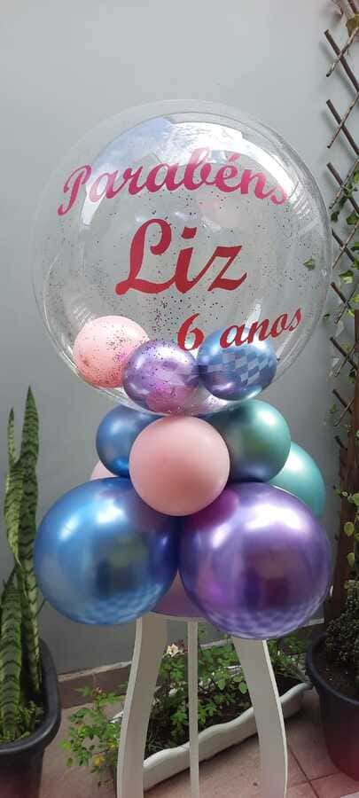 Arranjo de Balão Bubble Personalizado Azul Rosa e Roxo