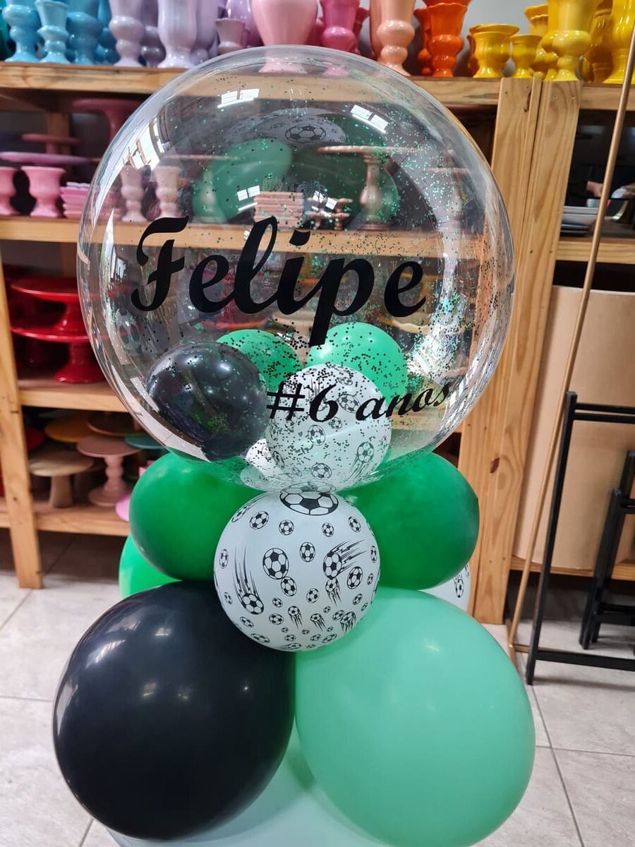 Arranjo de Balão Bubble Personalizado Futebol Verde e Preto